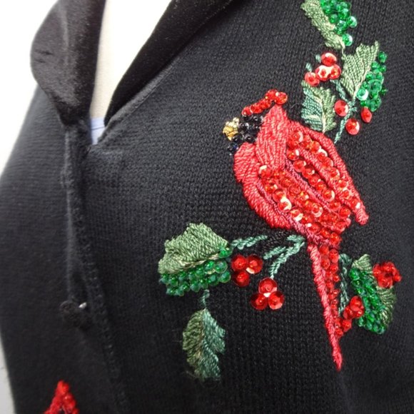 Black w Cardinal Holiday Sweater Size Large Velvet Collar Party Sequins - Picture 7 of 7